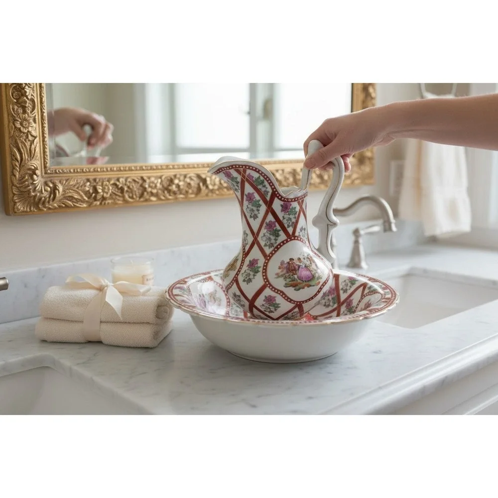 Limoges China Pitcher and Basin Set Large White Red Gold NWOT Courting‎ Couple